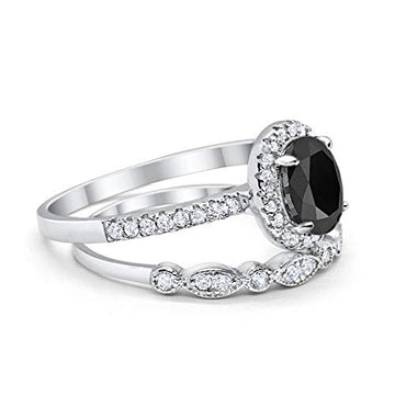 2-Piece Art Deco Wedding Bridal Ring Oval Simulated Black CZ 925 Sterling Silver